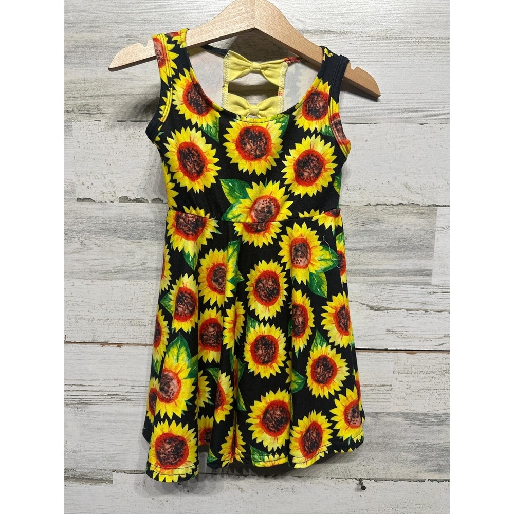 Boutique Sunflower Skater Dress Girls 2T Black Yellow Bow Back EUC